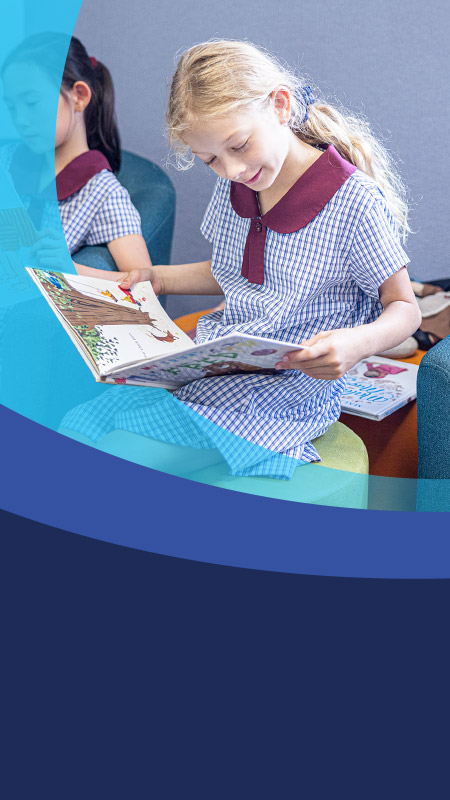 Student reading a book in the library at St John's Primary School Riverstone